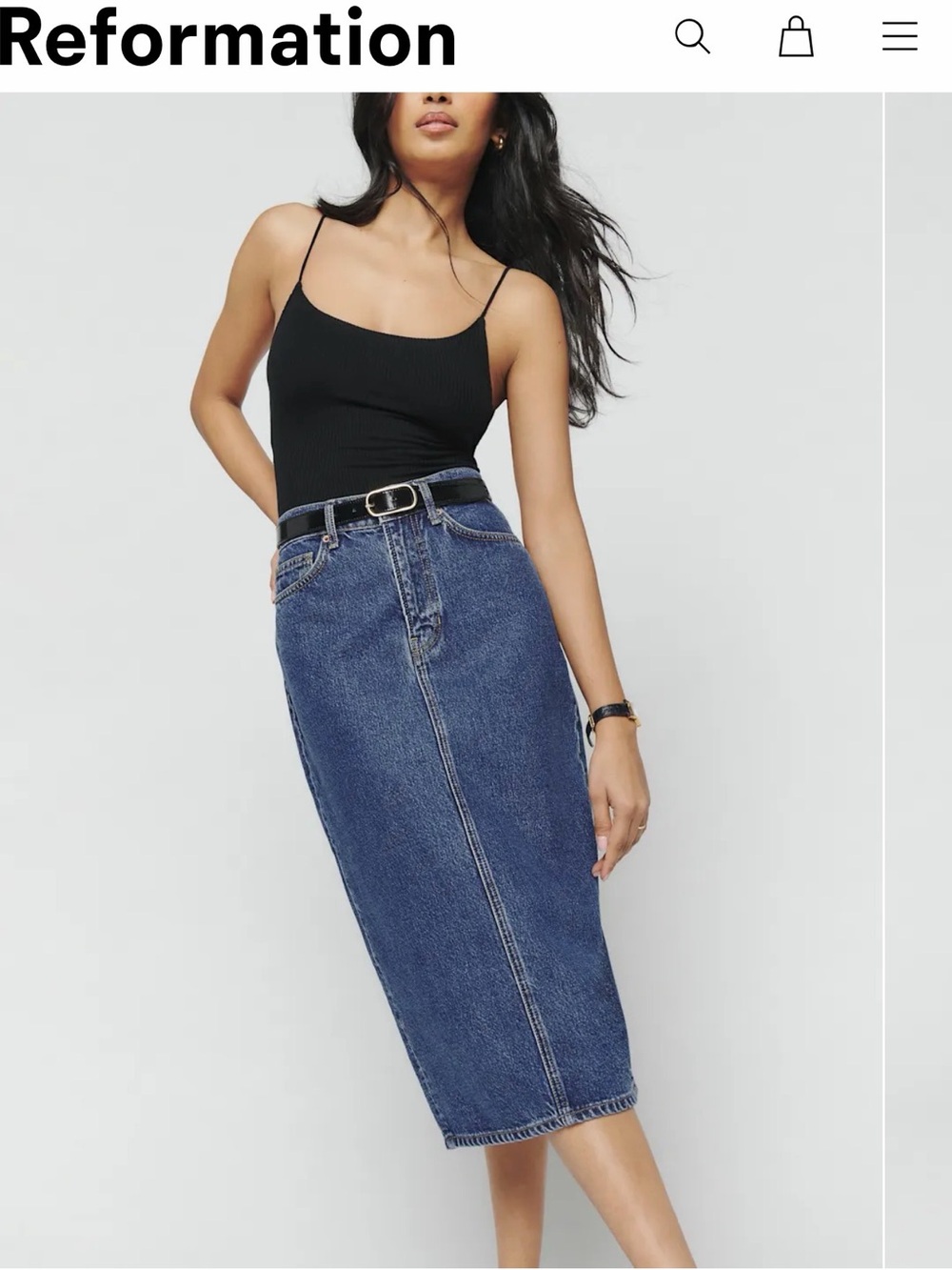 Reformation Jayde Dark Blue High-Rise Denim Midi Skirt size 23